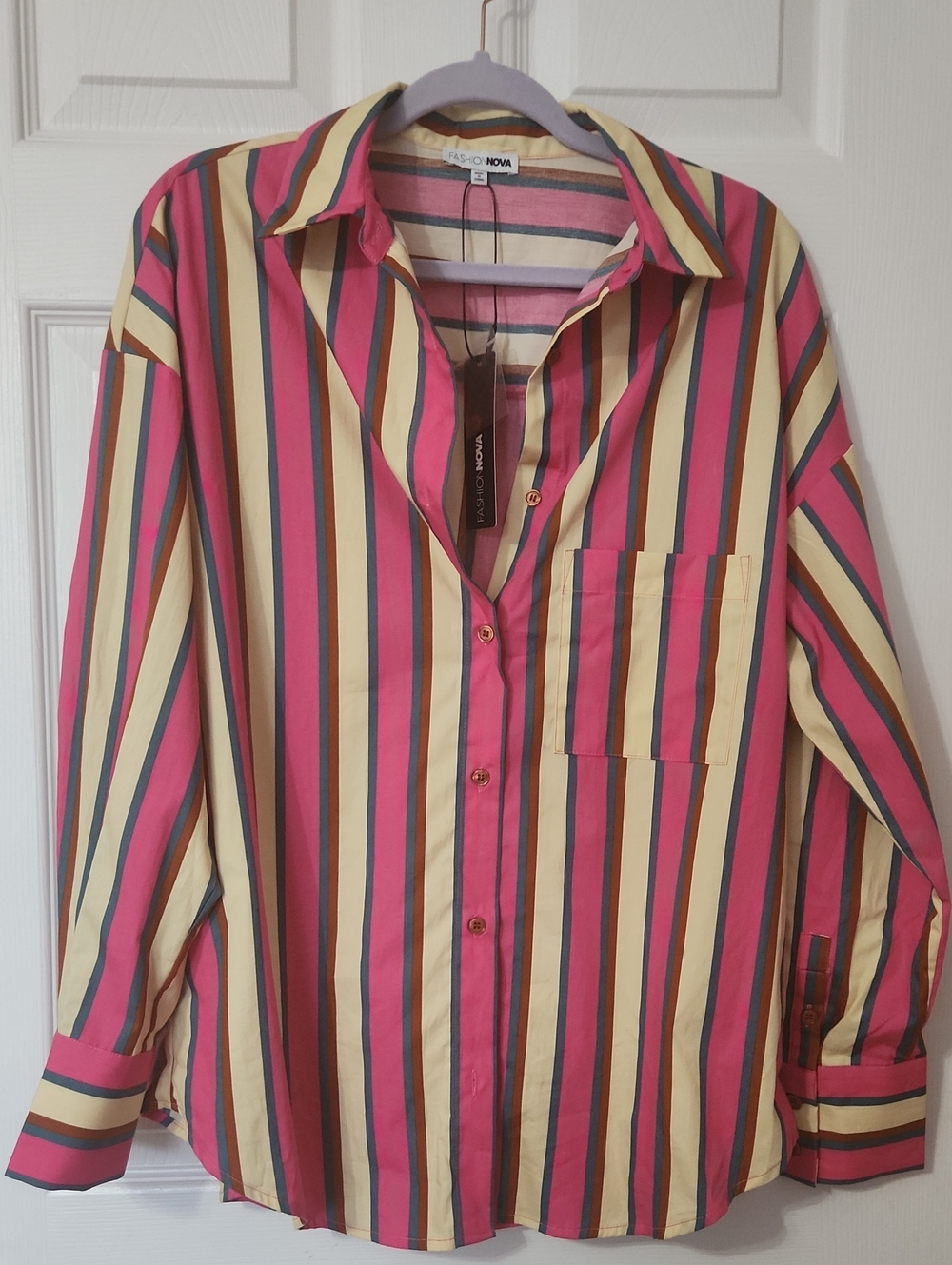 Fashion Nova Pink Yellow Blue Striped Button Down Shirt